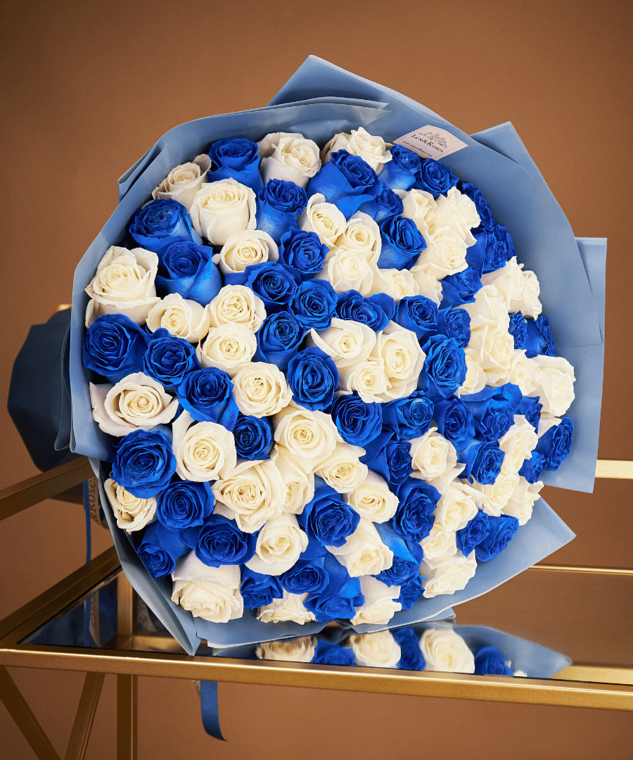 blue roses and white lilies bouquet Blue & White Rose Bouquet – Lex&Roses