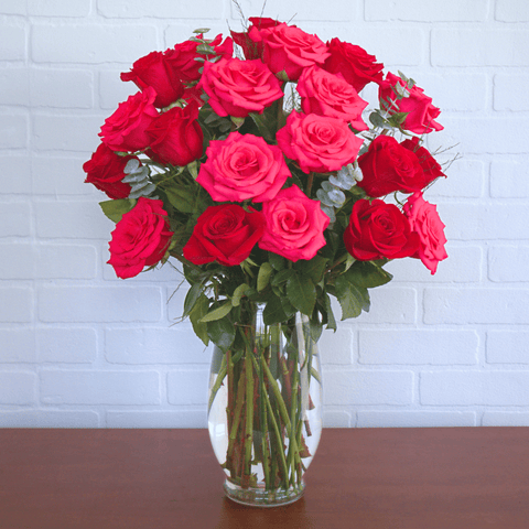 Red & Hot Pink Vase 2 Dozen
