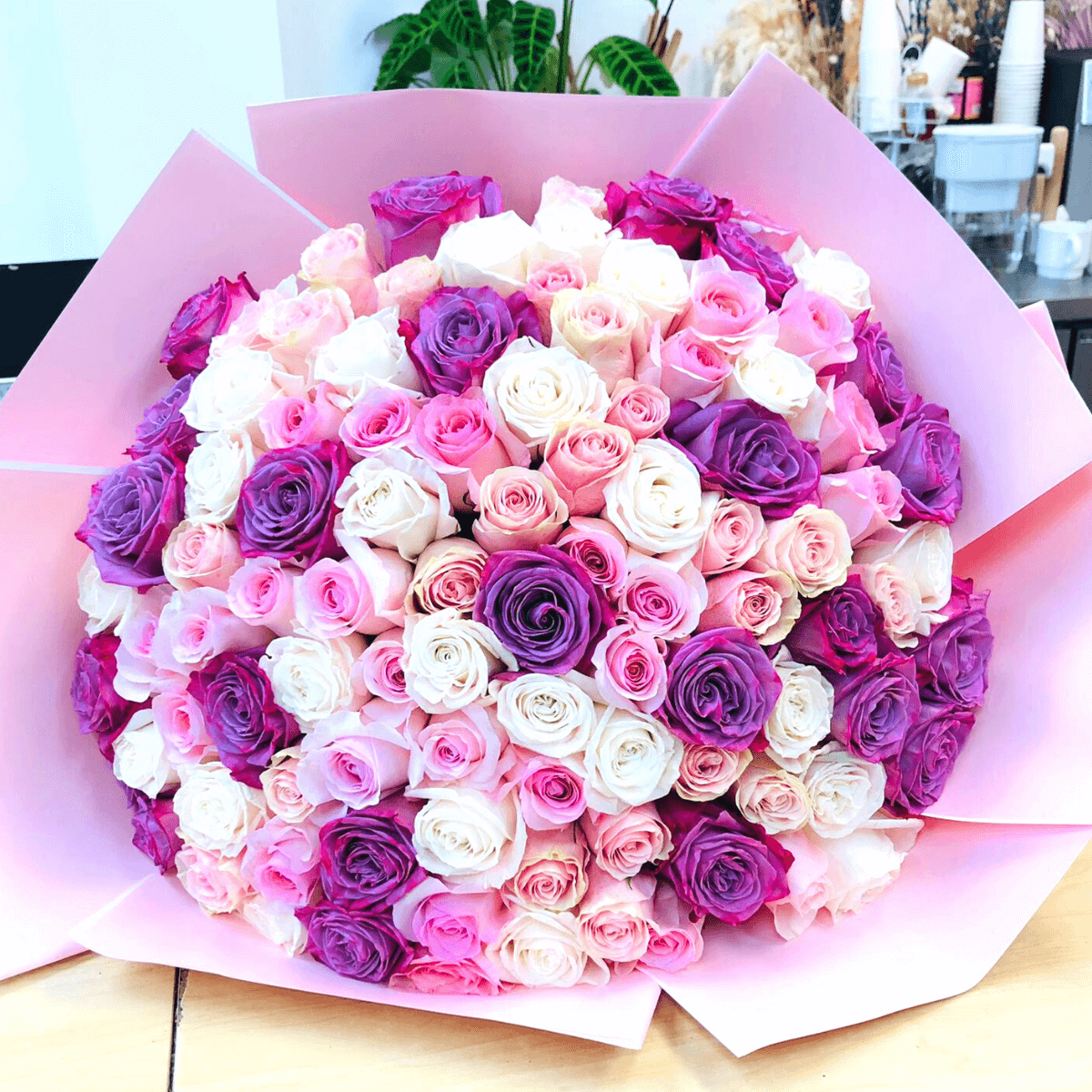 purple pink rose bouquet
