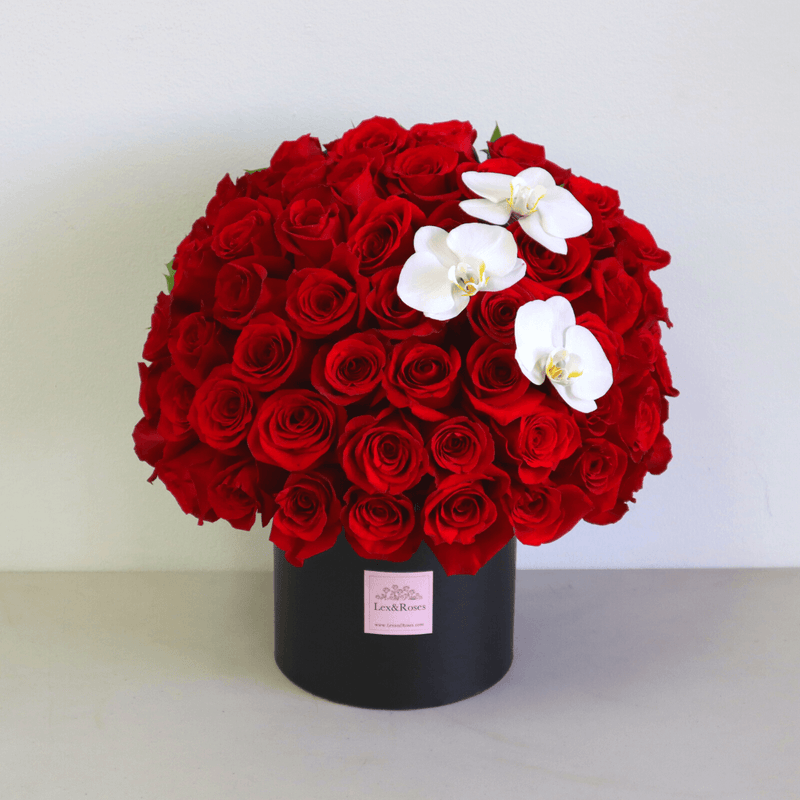Red Roses HatBox -  Orchids